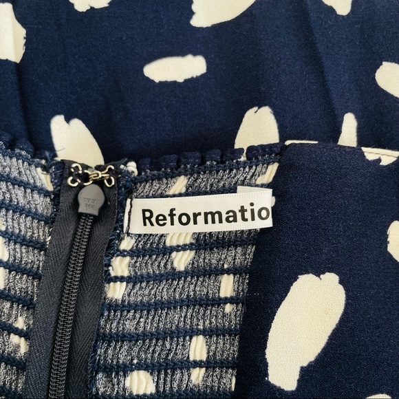 New! Reformation Sigmund Dress Splatter Print Navy Blue and White Size 2 - Picture 12 of 13